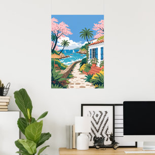 Affiche Villa Tropicale au Bord de la Plage avec Bateaux
