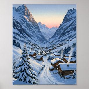 Affiche Village alpin cosy à l'aube vallée de montagne enn