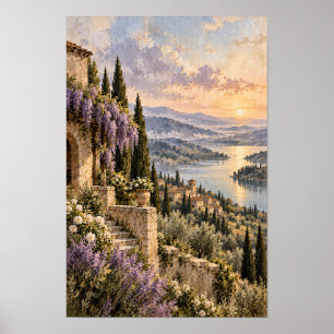 Affiche Village au bord du lac au coucher du soleil avec w