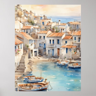 Affiche Village bohème méditerranéen aquarelle