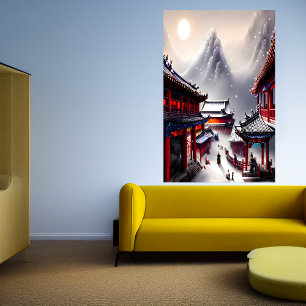 Affiche Village chinois la montagne enneigée   Art AI