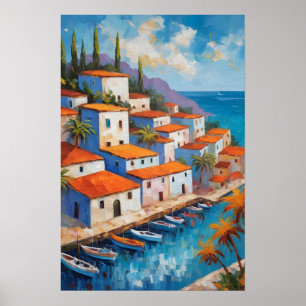 Affiche Village côtier à l'aquarelle voilier  