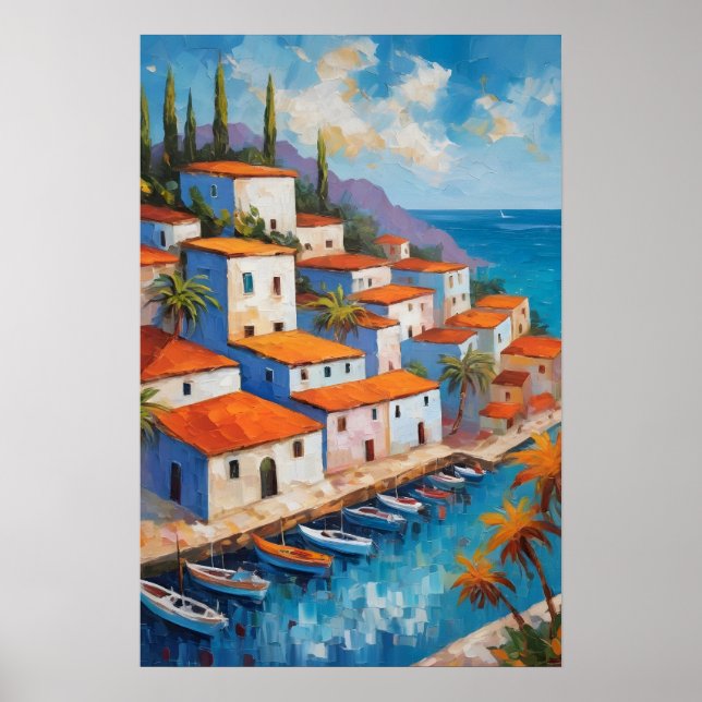 Affiche Village côtier à l'aquarelle voilier   (Devant)