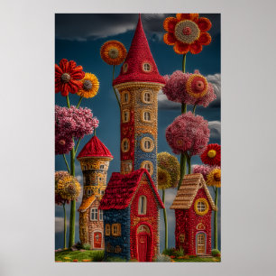 Affiche Village de conte de fées fantaisiste de style tric