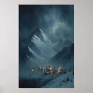 Affiche Village de montagne enneigé gelé sous le crépuscul