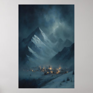 Affiche Village de montagne enneigé gelé sous le crépuscul