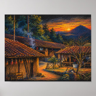 Affiche Village de montagne rustique au coucher du soleil