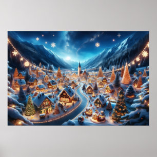 Affiche Village de Noël enneigé et cosy la nuit