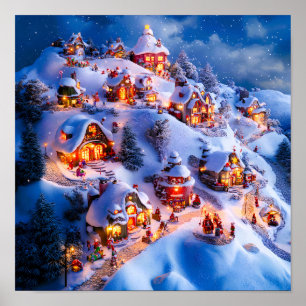 Affiche Village de Noël fantaisiste des collines enneigées