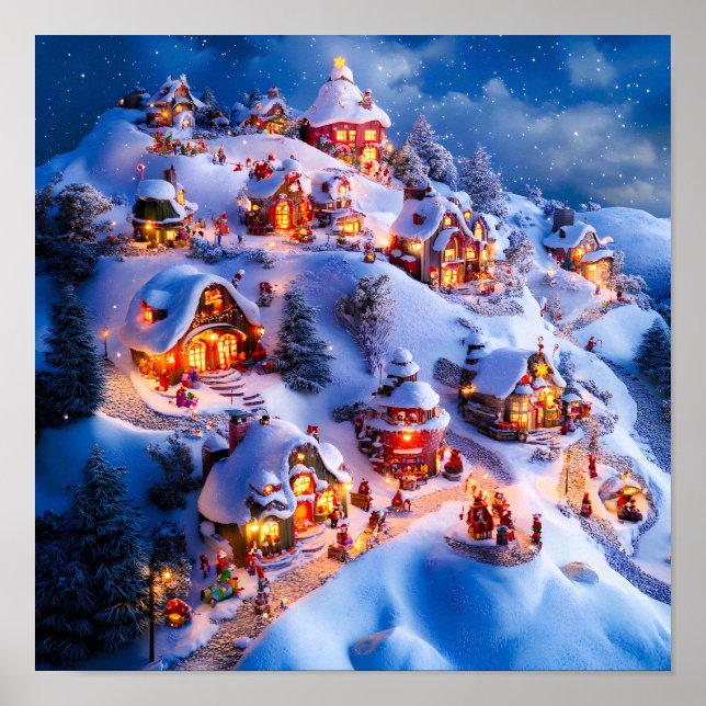 Affiche Village de Noël fantaisiste des collines enneigées (Devant)