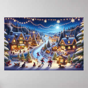 Affiche Village de Noël hivernal festif de nuit