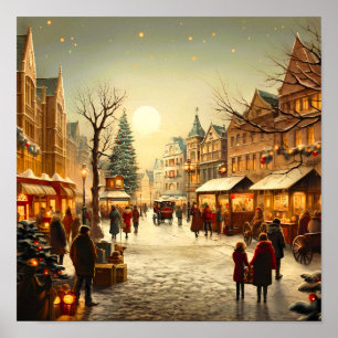 Affiche Village de Noël hivernal vintage enneigé