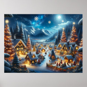 Affiche Village de Noël magique sous la neige et la lumièr