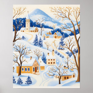 Affiche Village d'hiver avec des arbres givrés et des coll