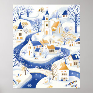 Affiche Village d'hiver avec rivière Winding et église