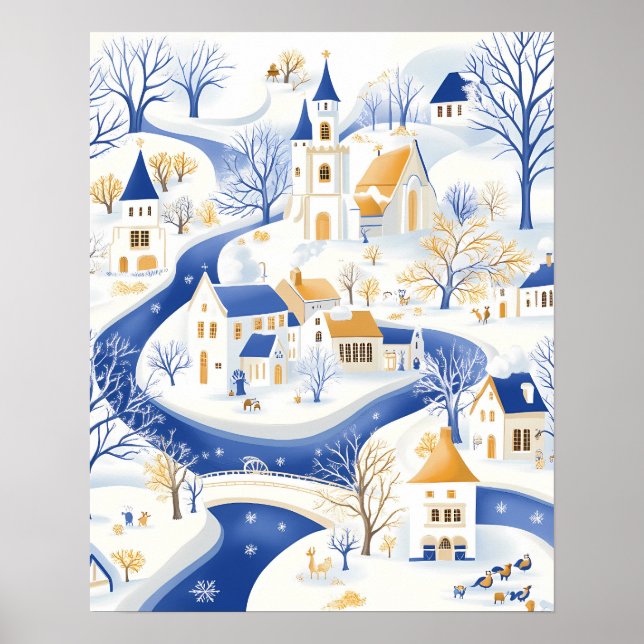 Affiche Village d'hiver avec rivière Winding et église (Devant)