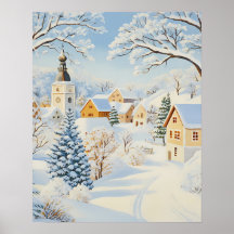 Village d'hiver classique avec église enneigée et