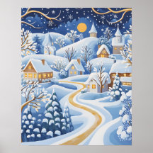 Village d'hiver éclairé par la lune avec un chemin
