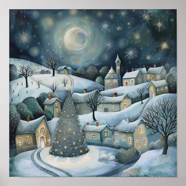 Affiche Village d'hiver enchanté de nuit IA Art (Devant)