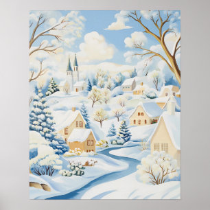 Affiche Village d'hiver lumineux avec collines enneigées e
