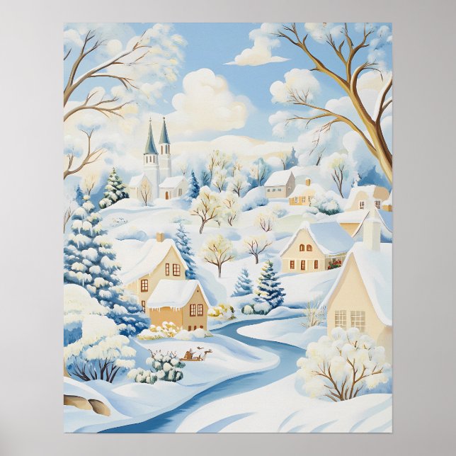 Affiche Village d'hiver lumineux avec collines enneigées e (Devant)