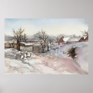 Affiche Village d'hiver Paysage Aquarelle Imprimer l'affic