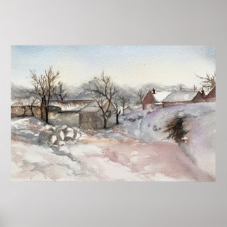Affiche Village d'hiver Paysage Aquarelle Imprimer l'affic