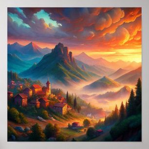 Affiche Village du coucher de soleil dans les montagnes, P