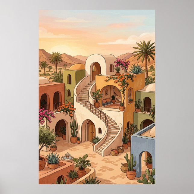Affiche Village du désert au coucher du soleil - Maisons c (Devant)