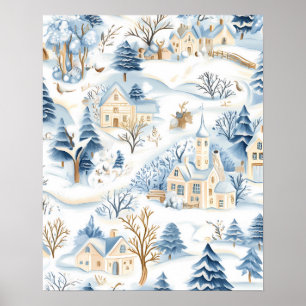 Affiche Village enneigé charmant avec animaux de la forêt