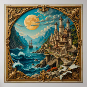 Affiche Village Fantastique de la Pleine Lune Dorée sur la
