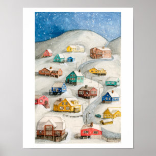 Affiche Village hivernal enneigé Art