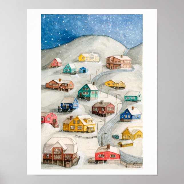 Affiche Village hivernal enneigé Art (Devant)