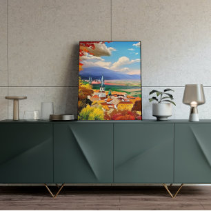 Affiche Village médiéval avec peinture naturelle