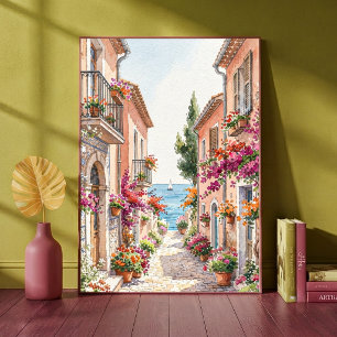 Affiche Village méditerranéen au bord de la mer, aquarelle