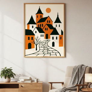 Affiche Village minimaliste avec rue pavée et soleil