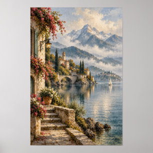 Affiche Village Montagnard Romantique au Bord d'un Lac Eur