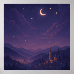 Affiche Village nocturne magique au clair de lune