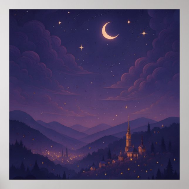 Affiche Village nocturne magique au clair de lune (Devant)