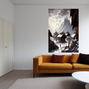 Affiche Village sur la neige et la montagne   AI Art Poste