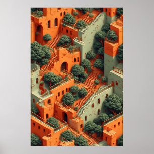 Affiche Village surréaliste en terrasse avec arbres et esc