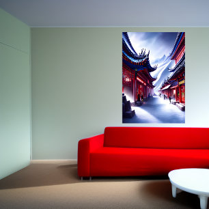 Affiche Ville chinoise dans la montagne enneigée Art AI