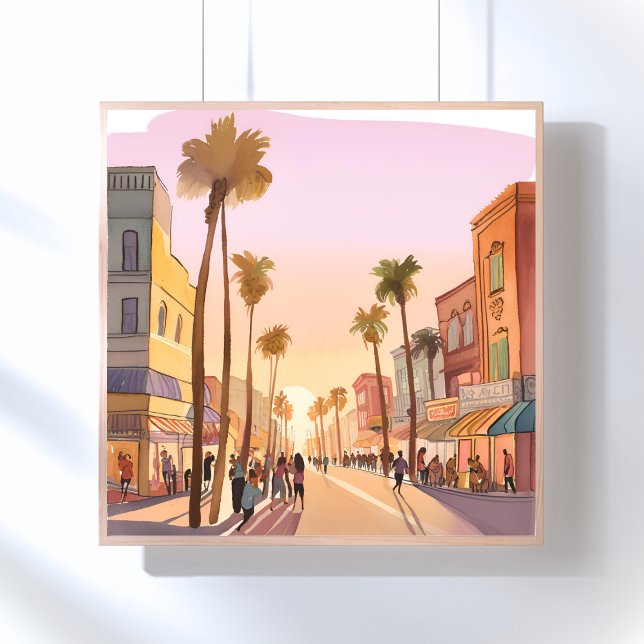 Affiche Ville côtière au coucher du soleil | Aquarelle côt (Créateur téléchargé)