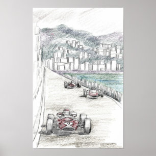 Affiche Ville côtière de marina avec bâtiment de voiture d