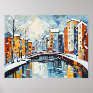 Affiche Ville cubiste avec canal neigeux
