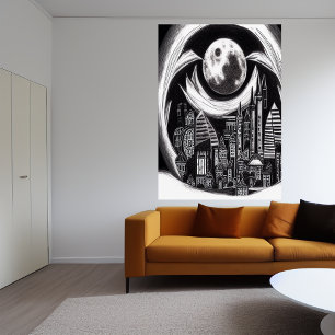 Affiche Ville dans la nuit, lune dans le ciel   AI Art Pos