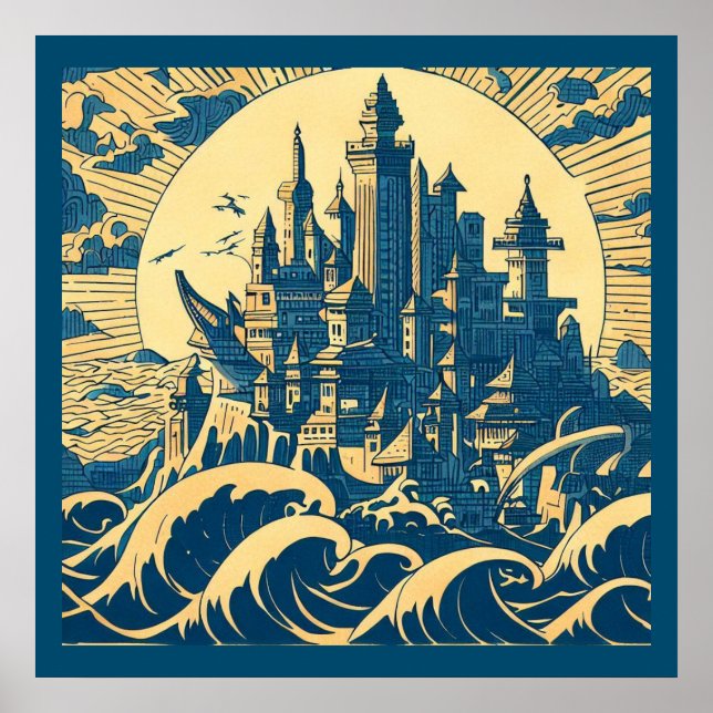 Affiche Ville d'Atlantis 3 - Style Woodblock (Devant)
