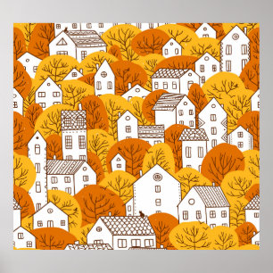 Affiche Ville d'automne, Arbres Maisons Motif.