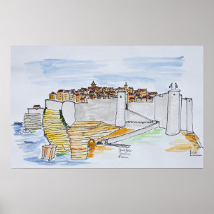 Affiche Ville de Bonifacio à flanc de falaise Corse, Fra