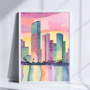Affiche Ville de couleur Miami Floride Aquarelle Skyline